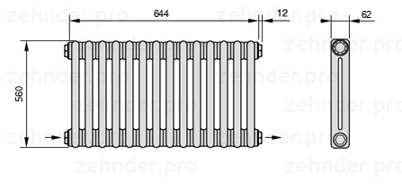 Схема (чертеж) Радиатор Zehnder Charleston 2056/14 №2670 Белый глянцевый RAL 9016